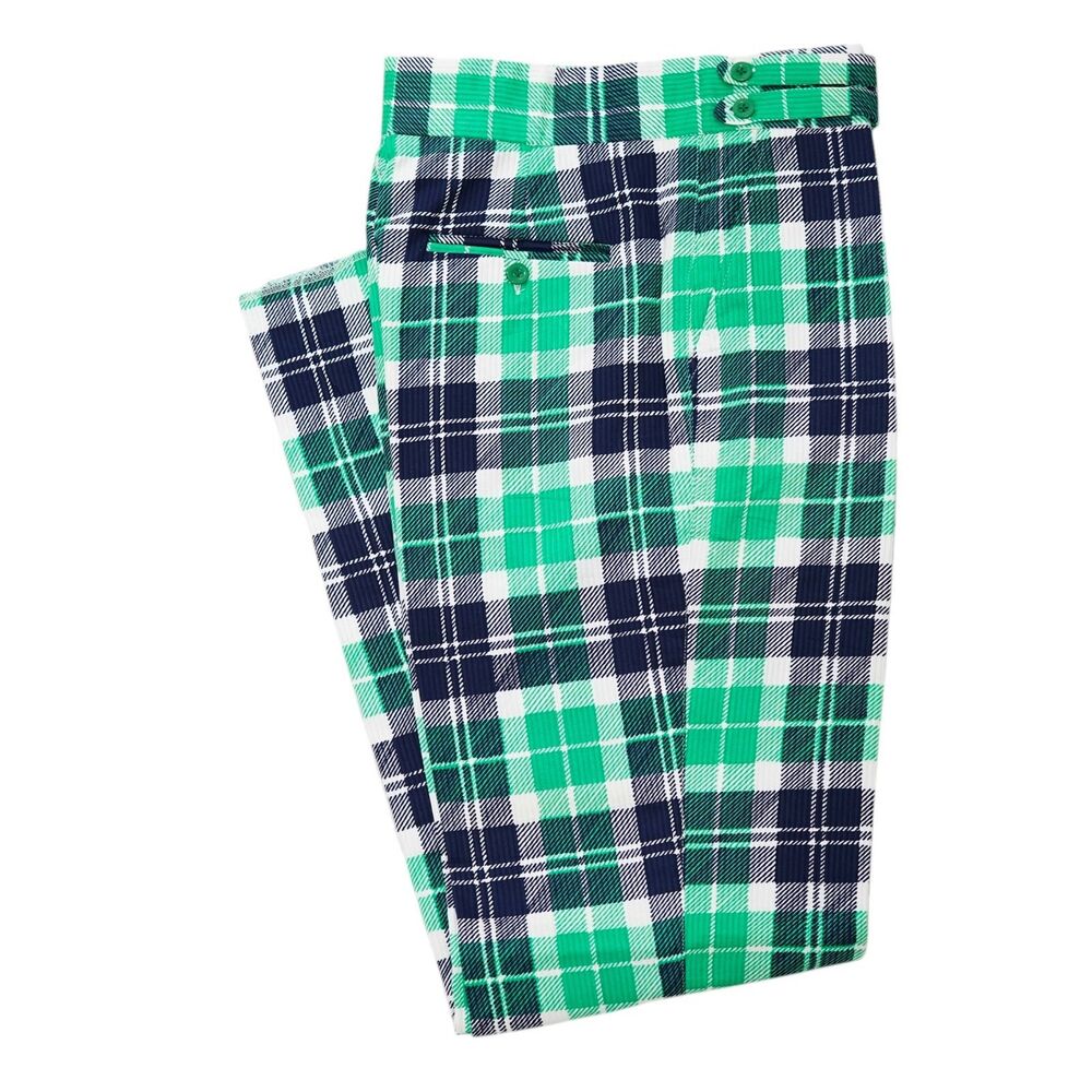 Mens 32 Gurkha Pants Green Navy Plaid Cotton High Waist Straight Fit Trousers